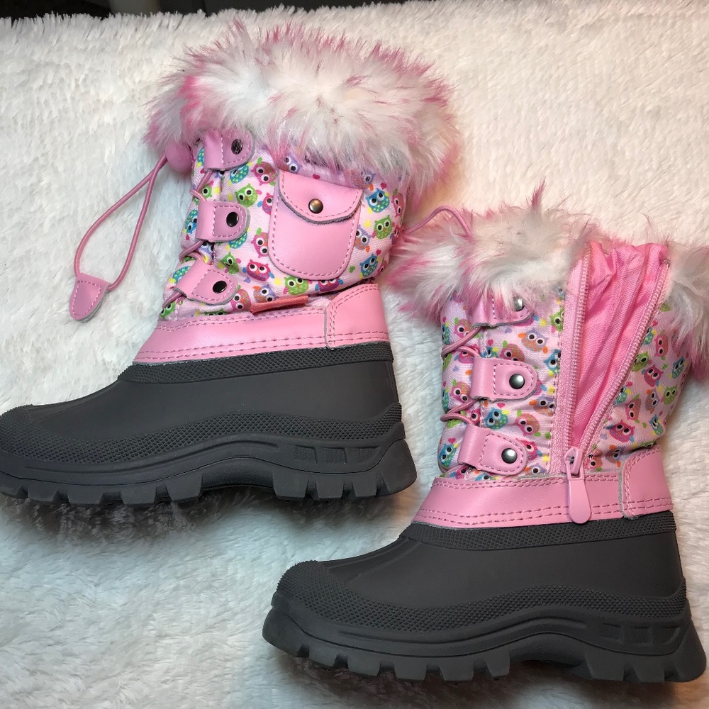NEW DREAM PAIRS Isulated Waterproof Snow Boots, Pink Owl, 9 M US Little Kid